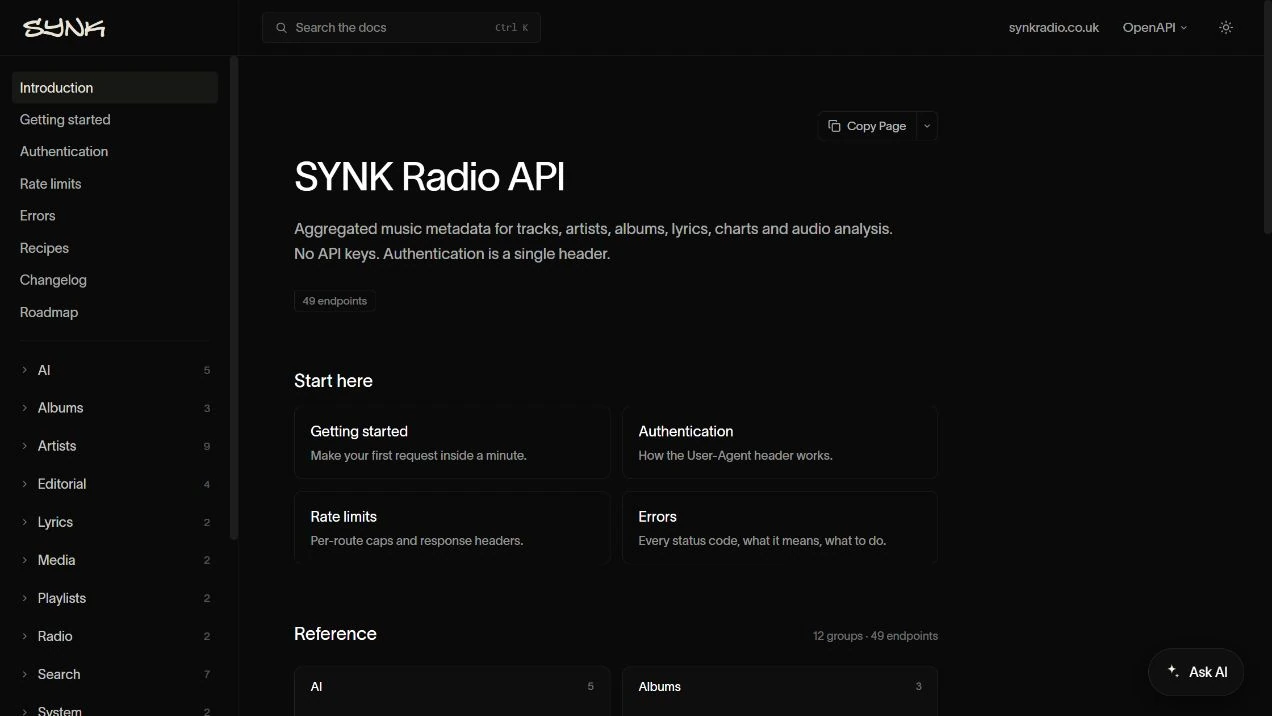SYNK Radio API documentation homepage