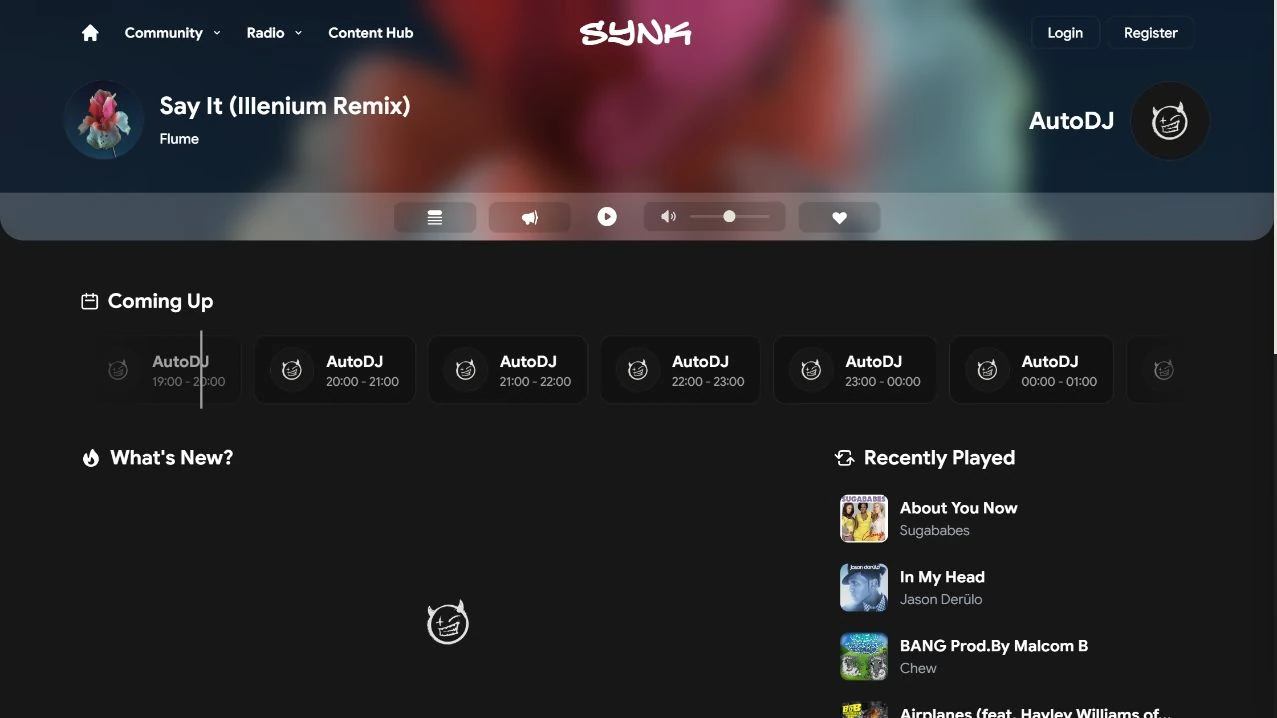 SYNK Radio homepage with its player and broadcast schedule
